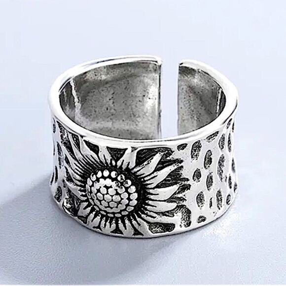 Stampd Jewelry - Sterling Silver Sunflower Adjustable Resizable Band Minimalist Ri…